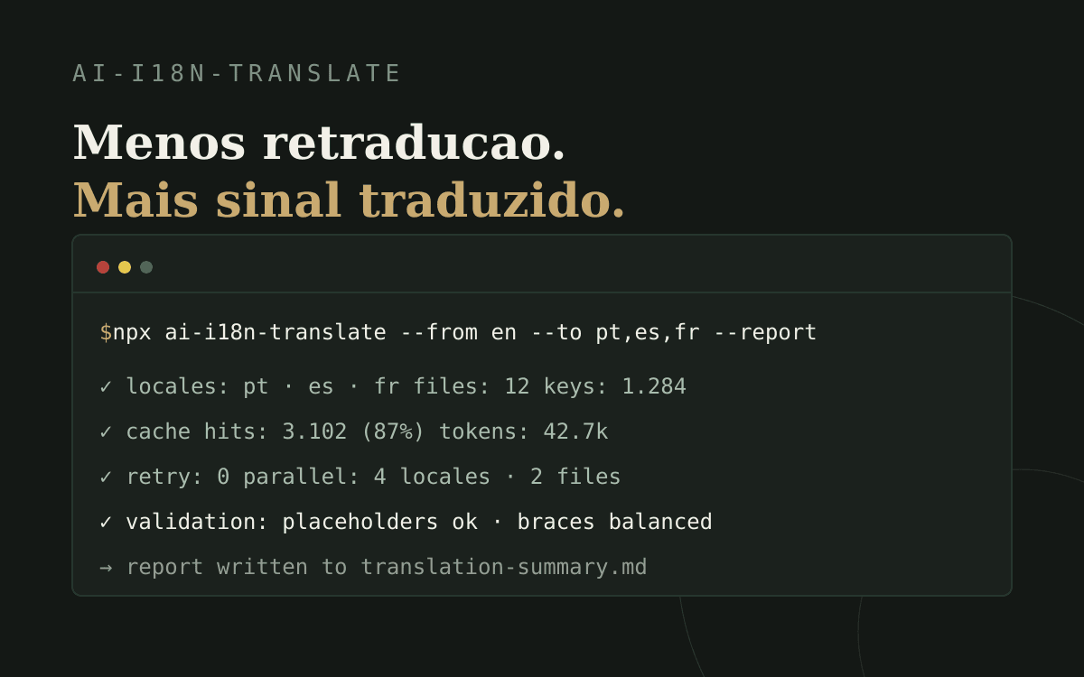 Terminal com o comando de execução da ai-i18n-translate e o resumo da tradução