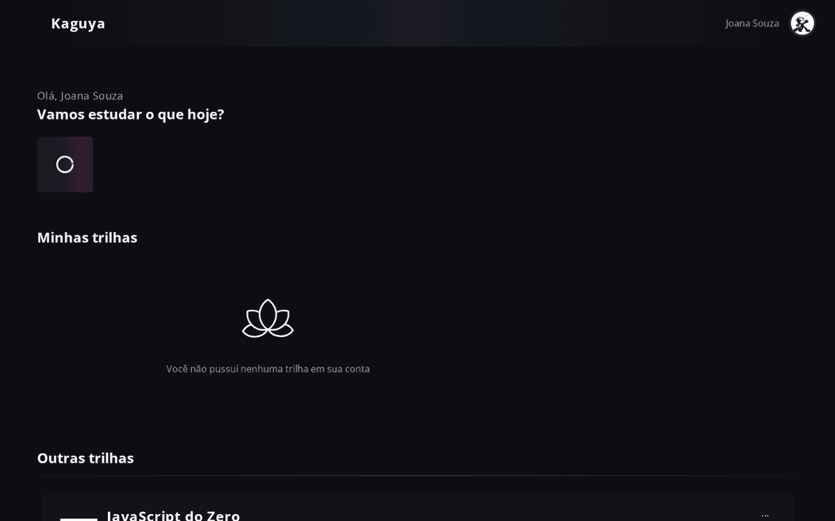 Dashboard do aluno com a lista de trilhas em andamento e o progresso de cada uma
