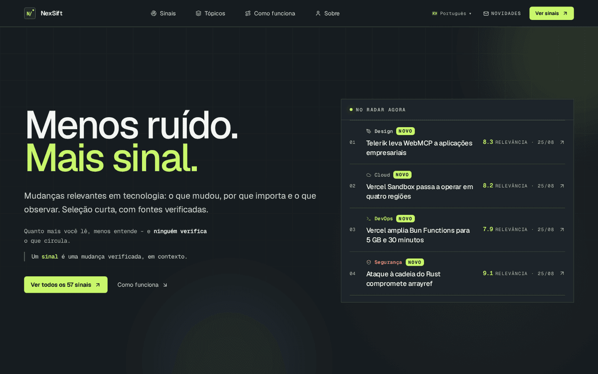 Página inicial do NexSift com a mensagem Menos ruído, mais sinal