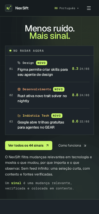 Mobile version of NexSift showing three recent signals and their relevance scores
